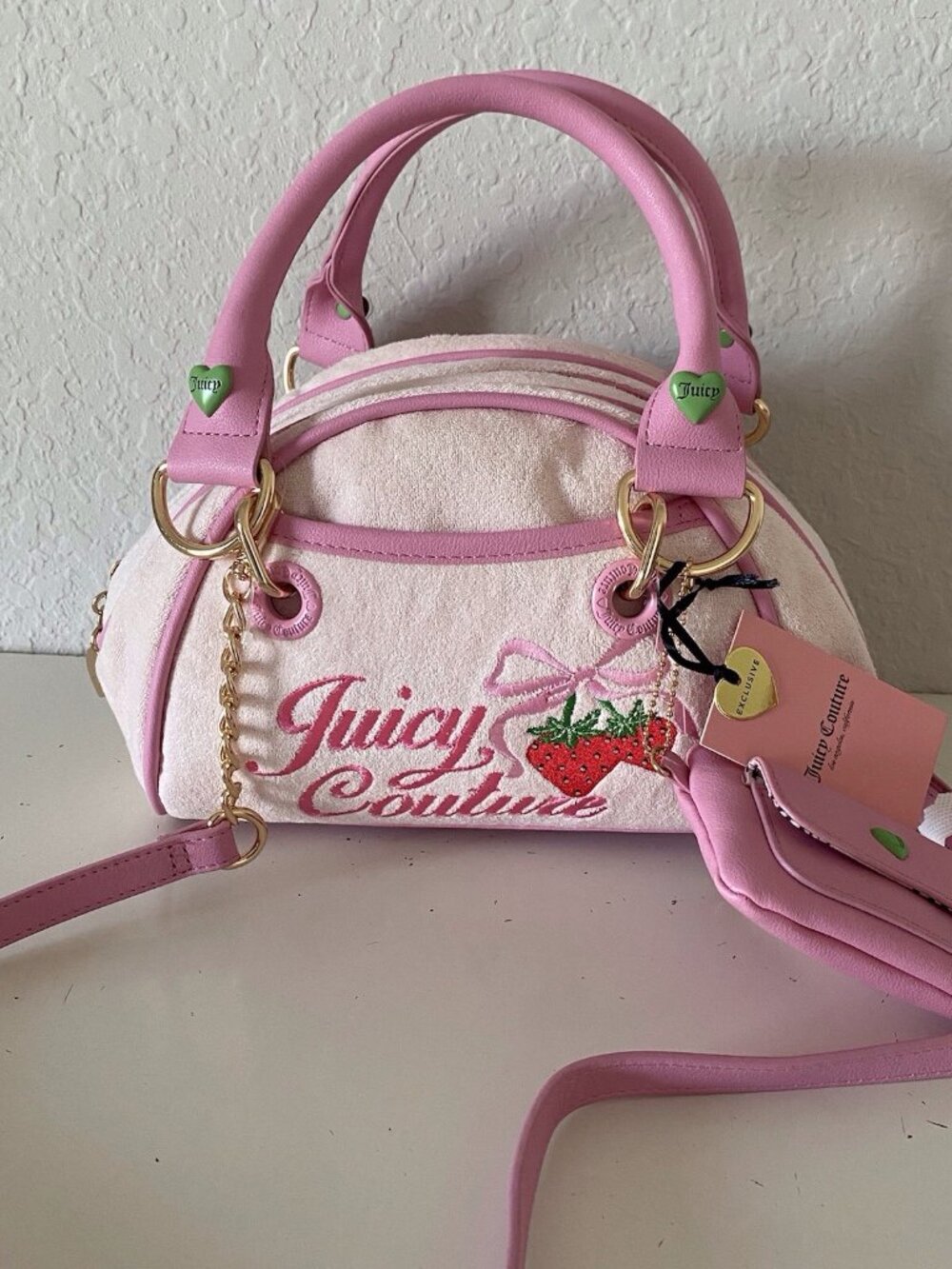 Juicy Couture Retro Strawberry Powder Blush Bowler Satchel Bag W/Pouch NEW